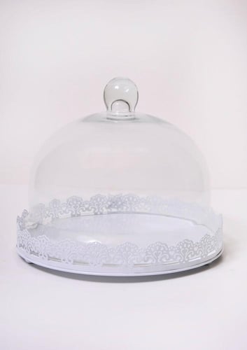 حامل كيك معدني ابيض بغطاء زجاجي كبير/ صغير - البوض...