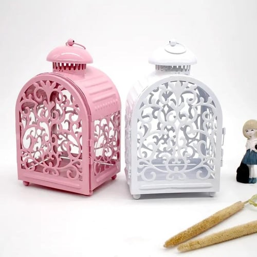 حامل شموع معلق شكل فانوس لون وردي - البوضان