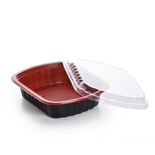 وعاء مايكرويف أسود/أحمر + غطاء شفاف 800مل 8 أطقم-...