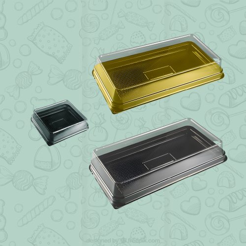 صينية حلى ذهبي/ أسود + غطاء شفاف