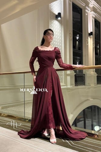 فستان شوكو تري شيفون مع دانتيل مشجر