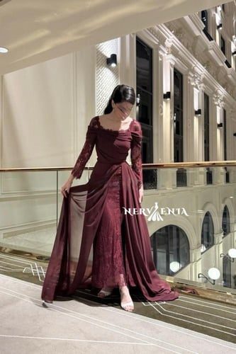 فستان شوكو تري شيفون مع دانتيل مشجر