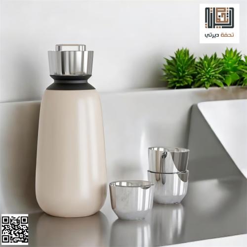 مطارة ستانليس فضي مع بيج + 3 اكواب عالية الجودة