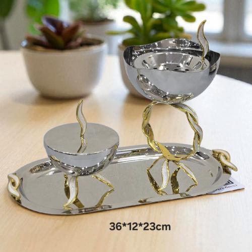 طقم مبخرة استيل فاخرة بقاعدة وصينية – تصميم ذهبي ع...