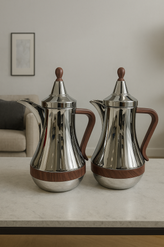 دلة استيل بلون فضي بلمسة خشبية فاخره