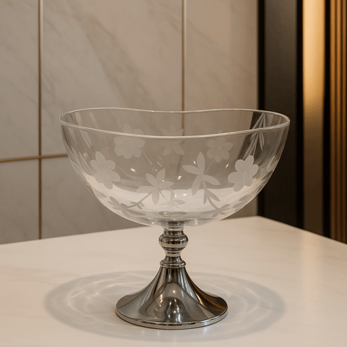 صحن زجاجي تقديم فضي لامع