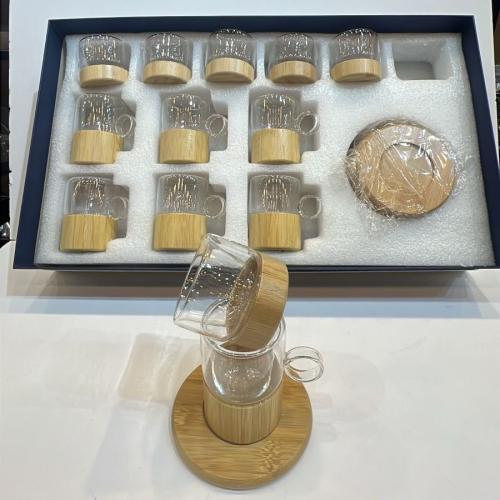 طقم فناجيل زجاجي خشبي