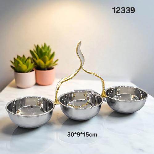 حامل تقديم ثلاثي استيل مع يد ذهبية فنية