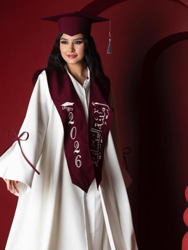 طقم تخرج نسائي فاخر 2026 – عباية بيضاء مع وشاح وقب...