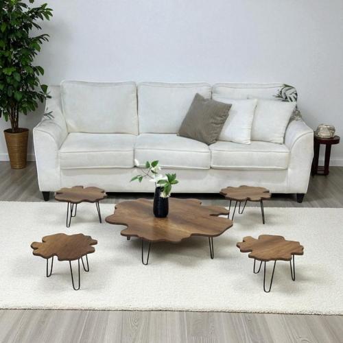 طقم طاولات ضيافة ارضي خشب بني 5 قطع