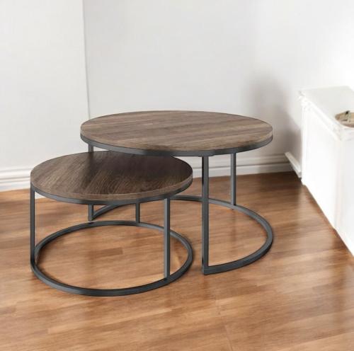 طقم طاولتين متداخل بسطح خشب وقواعد حديد أسود – تصم...