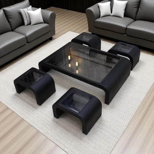 طقم طاولات ضيافة أسود أرضي 7 قطع فاخرة