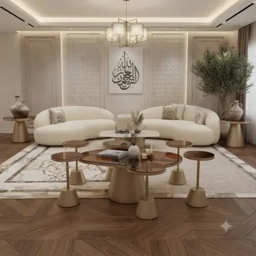طقم طاولات مجالس حديد لون ذهبي وزجاج دائري