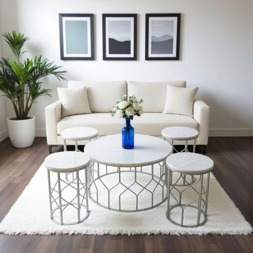 طقم طاولات بديل الرخام حديد لون فضي