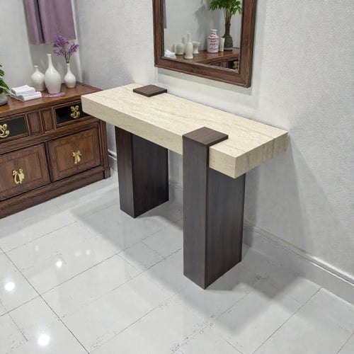 طاولة مدخل كونسول بتصميم رخامي وقواعد خشبية