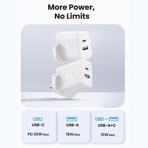 يوجرين شاحن جداري بمنفذين تايب سي و يو اس بي 20 وا...