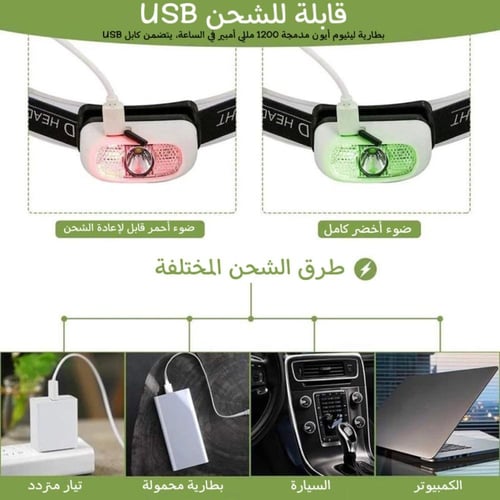 كشاف راس قوي ببطارية مدمجة 1200mAh مع مستشعر حركة...