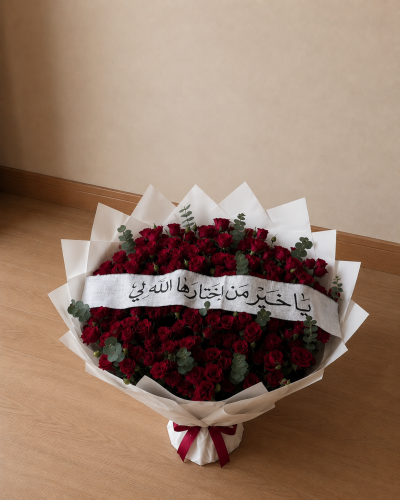 Engagement bouquet with red roses and ribbon