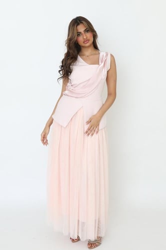 فستان وردي فاتح بقصة بليزر كريب و تُل