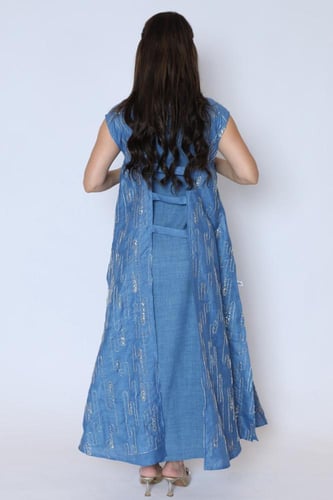 جلابية أزرق من قطعتين مع ترتر ذهبي