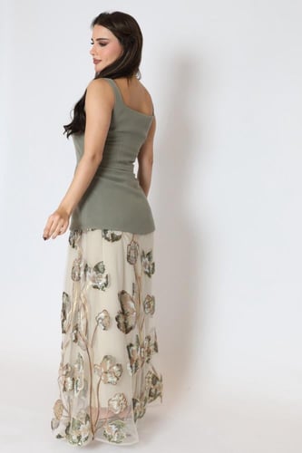 فستان زيتي مع تل وورد ترتر