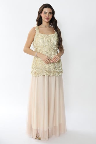 فستان ترتر و شك ذهبي مع تل