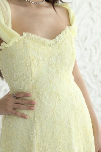 فستان دانتيل بشك وكتف تُل بقصة ذيل