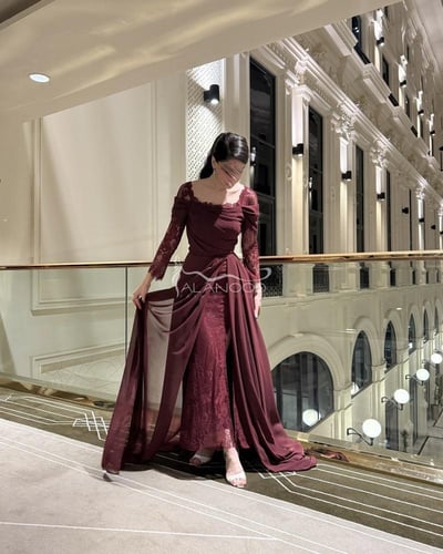 فستان دانتيل عنابي طويل