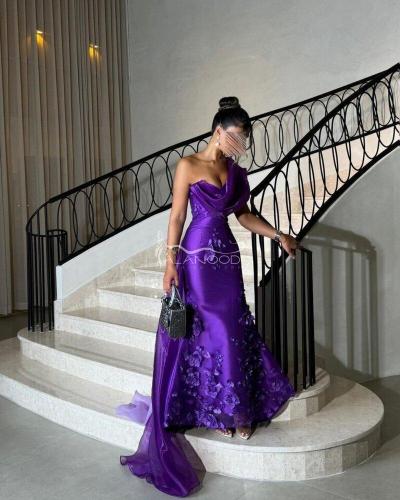 فستان سهرة موف كلفة ورود مطرز يدوي بخامة ميكادو عا...