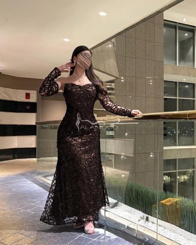 فستان بني بكلفة سهرة راقي بتصميم لامع وأكمام منفصل...