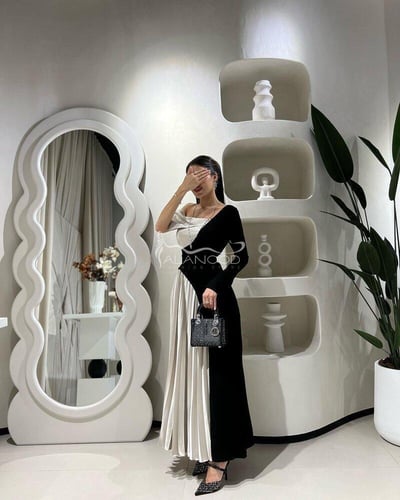 فستان ون شولدر مميز اسود وبيج تكسير