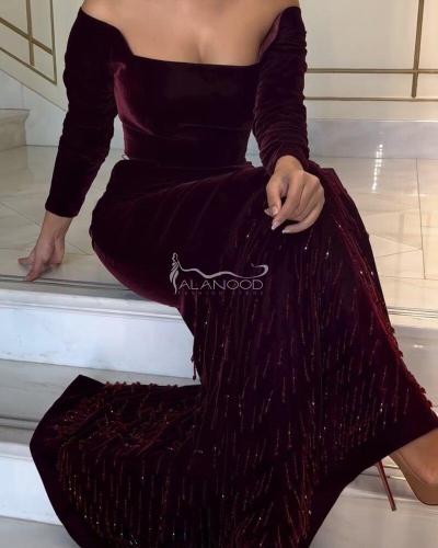 فستان مخمل شتوي بتصميم مطرز بالهدب أنيق