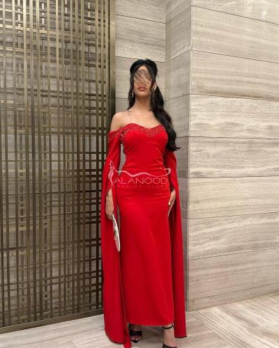 فستان سهرة احمر مطرز كرستال فخم وانيق