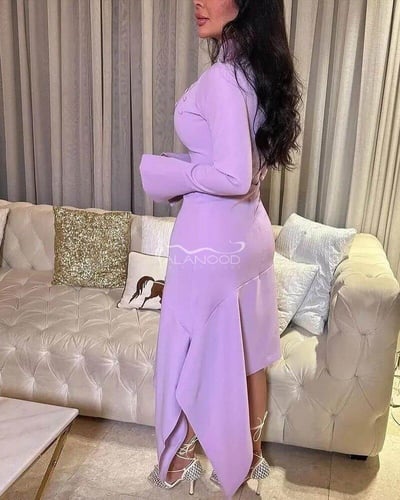 فستان كريب سترتش ميدي باللون اللحمي والموف خامة ال...