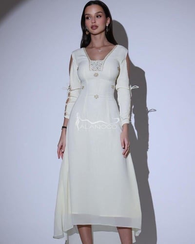 فستان ناعم مطرز كرستال بلون اسود وسكري فخم وانيق ع...