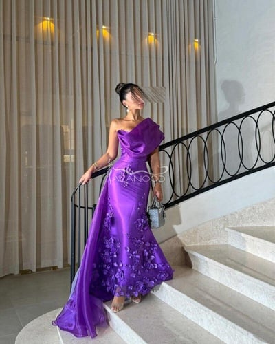 فستان سهرة موف كلفة ورود مطرز يدوي بخامة ميكادو عا...