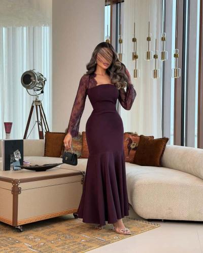 فستان دانتيل ليلكي أنيق بتصميم انيق