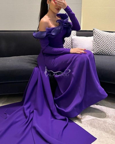 فستان اكتان باكمام انيق بألوان موف - عودي - زيتي -...