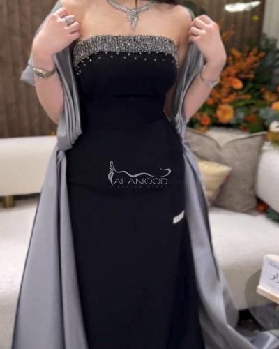 فستان سهرة أسود بشت رصاصي بتطريز على الصدر مميز