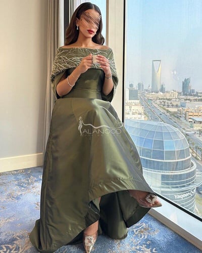 فستان سهرة زيتي ميكادو فخم للمناسبات - تصميم انيق...