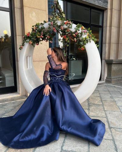 فستان سهرة كحلي كلوش بجيبون مع اكمام منفصلة بكلفة...