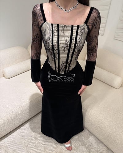 فستان سهرة أسود طويل بأكمام دانتيل مزخرفة