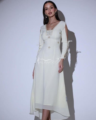 فستان ناعم مطرز كرستال بلون اسود وسكري فخم وانيق ع...