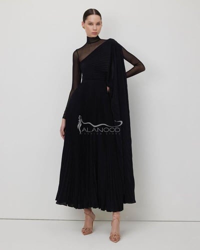 فستان منى اسود ساتر بتصميم انيق