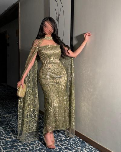 فستان العنود بلون زيتي وعودي قطعتين انيق للمناسبات