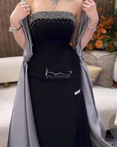 فستان سهرة أسود بشت رصاصي بتطريز على الصدر مميز