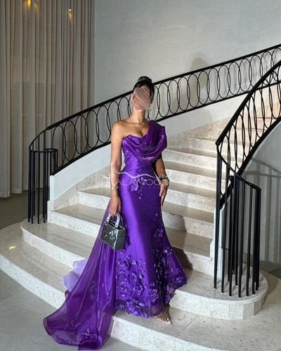 فستان سهرة موف كلفة ورود مطرز يدوي بخامة ميكادو عا...