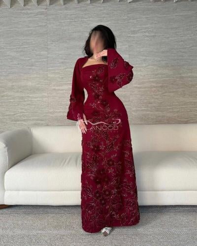 فستان خديجه الأنيق بلون العودي بكلفة سهرة ومناسبات