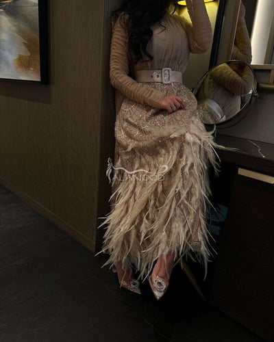 فستان سهرة راقي باكمام تل وكلفة الشك والريش الفاخر...