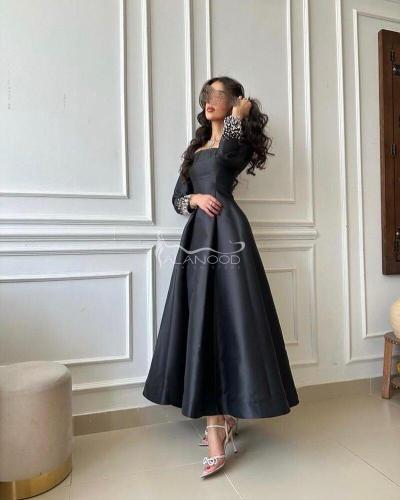 فستان سهرة أسود باكمام طويلة مطرزة كرستال يدوي أني...
